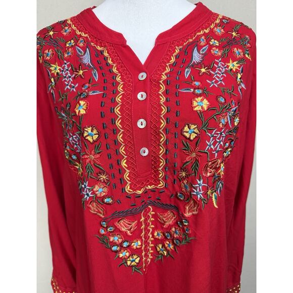 64 Sixty-Five XXL Red Embroidered Top Boho Blouse V-neck Tunic Long Full Sleeves - Picture 4 of 16